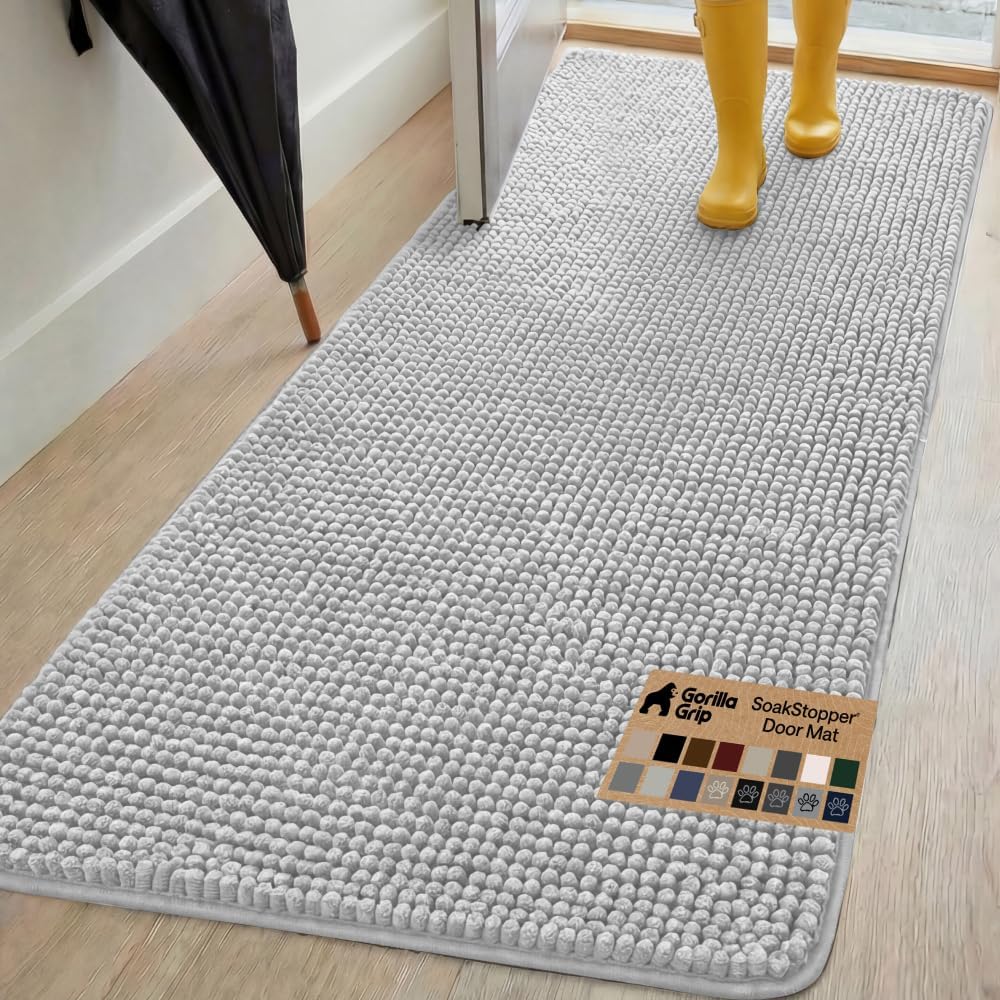 GORILLA GRIP SoakSTOPPER Dog Door Mat, 30x20 Machine Washable Rug Absorbent Doormat Captures Moisture Mud Dirt, Quick Dry Soft Chenille Entryway Rugs Indoor Entrance Mats for Dog Paws, Paw Grey