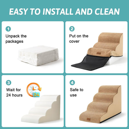 COZY KISS Dog Stairs for Small Dogs 15.7" H, Curved Dog Step for Puppy, Older Cat, Medium Pet Ramp for Sofa, Couch or Chair, Ladder with High Density Foam, 3 Step, 15.7x22.4x15.7 inch, Beige