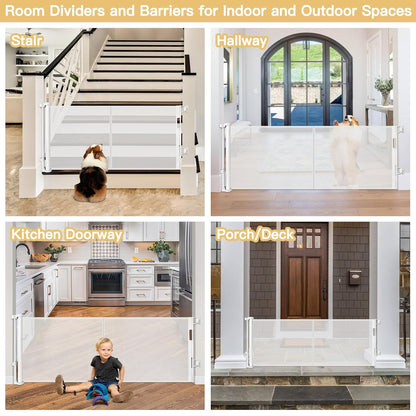 Reinforced 28 Inch Tall Retractable Baby Gates for Dogs, Easy Step Over Pet Gate with Support Rods, 55" Wide Retractable Dog Gate, Puppy Gates for The House Short Dog Gate for Stairs, Doorways, White