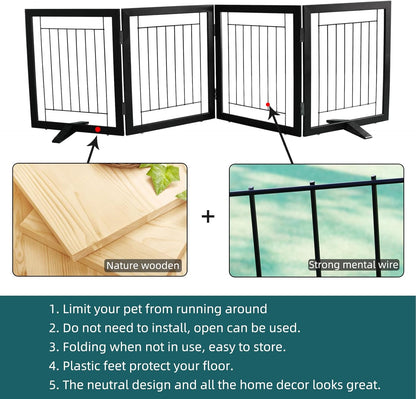 ZJSF Freestanding Dog Gate Indoor, Foldable Dog Fence for Doorways,Hallways or Stairs, Sturdy Wood Extra Wide Pet Gate with Support Feet,Black,24 "Height-3 Panels