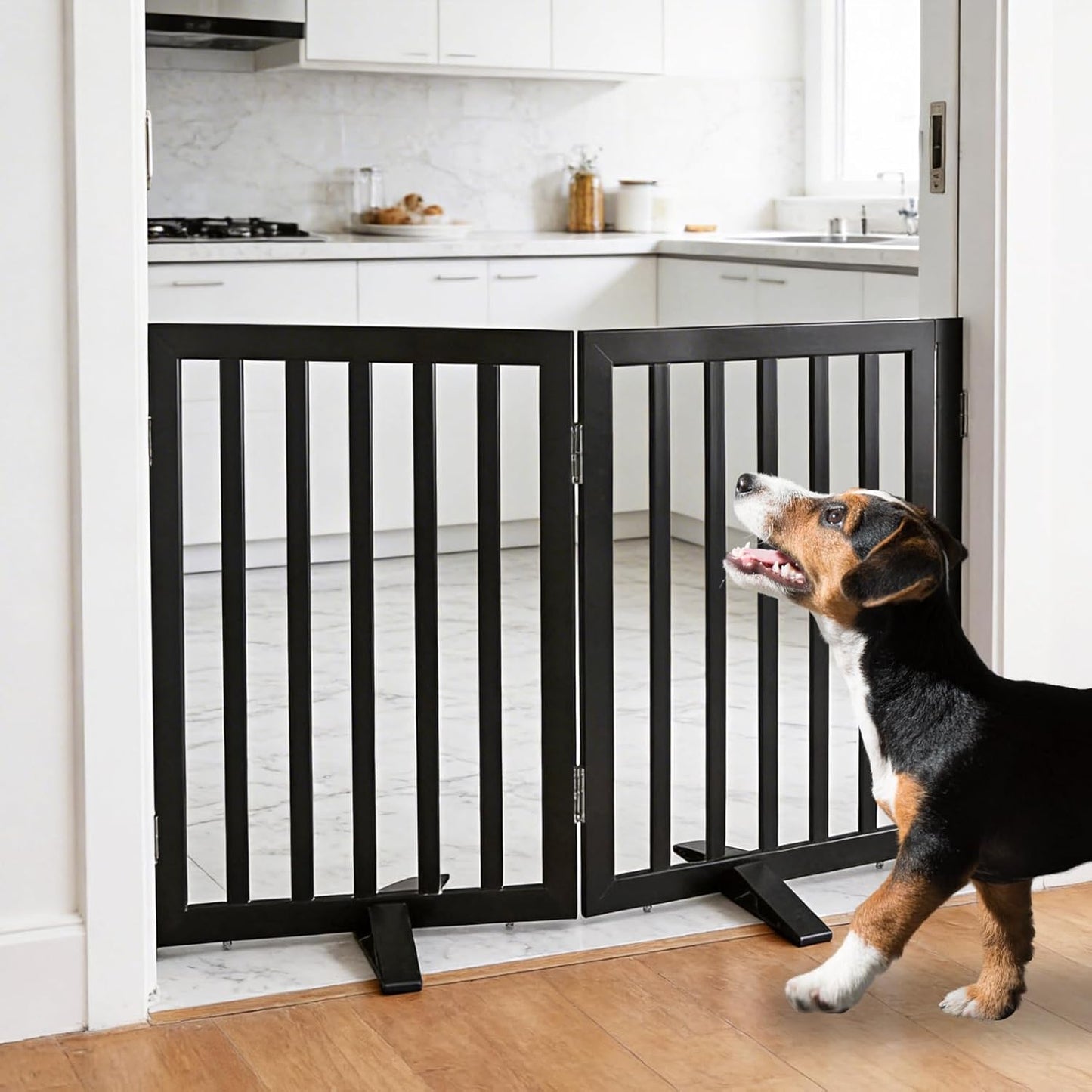 ZJSF Freestanding Indoor Dog Gate for House Foldable Wood Puppy Gate for Doorways Pet Gate for Stairs Extra Wide Pet Fence, Brown, 24" Height 3 Panels