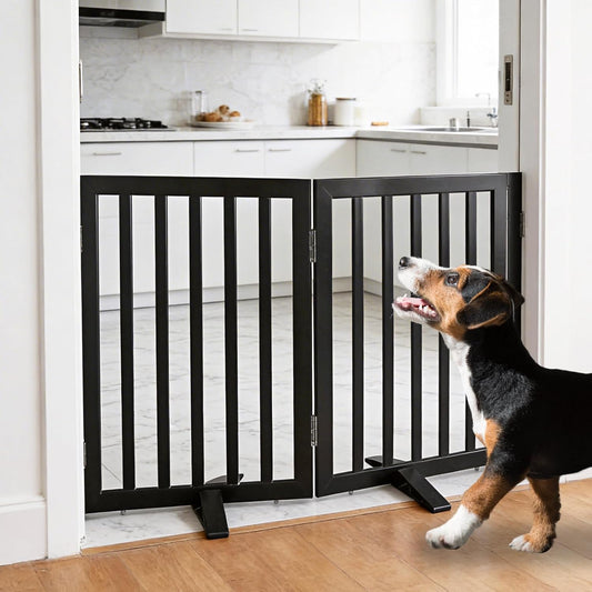 ZJSF Freestanding Indoor Dog Gate for House Foldable Wood Puppy Gate for Doorways Pet Gate for Stairs Extra Wide Pet Fence, Brown, 24" Height 3 Panels