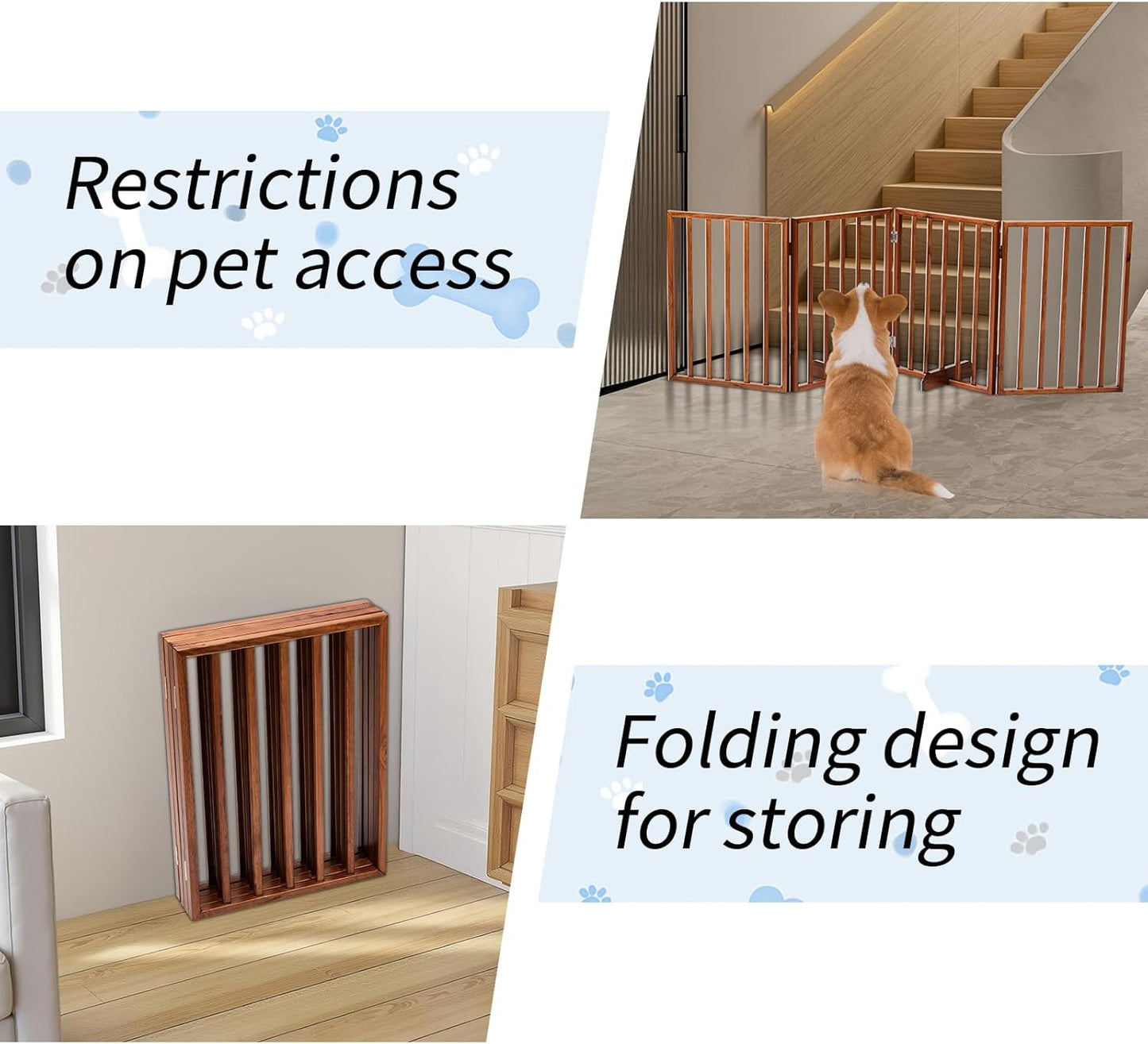Outvita Freestanding Dog Gate, 24" H Foldable Wooden Pet Barrier Fence,4-Panel Extra Wide Pet Fence with Support Feet for Stairs，Hallways,Doorways(Brown)