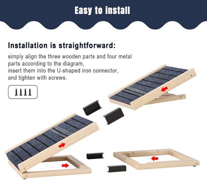 Adjustable Wooden Dog Ramp for Small & Medium Dogs, 27.6" Long x 11.8" Wide Portable Pet Ramp for Bed, Couch, Sofa & Car, Anti-Slip Carpet, Lightweight Foldable Indoor Outdoor Travel Dog Ramp