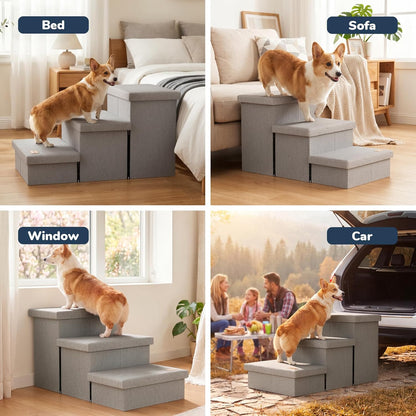 3-Step Wide Dog Stairs with Hidden Storage 18" H, Non-Slip Dog Steps for High Bed Couch Window Car, Jiont-Friendly Pet Stairs Ramp for Small/Medium/Large Old Dogs Cats Up to 200lbs, Grey