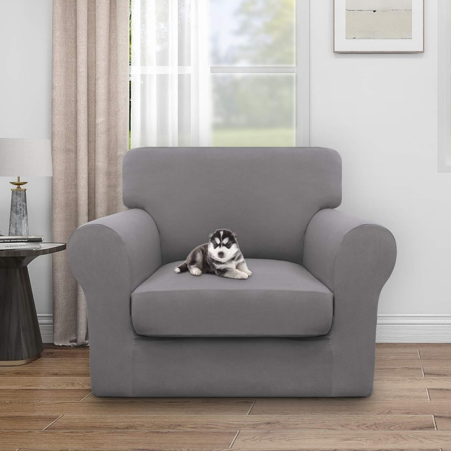 Easy-Going 100% Dual Waterproof 4 Pieces Stretch Soft Couch Cover for Dogs, Sofa Slipcover for 3 Separate Cushion Couch Leakproof Furniture Protector for Kids, Pets Dark Gray