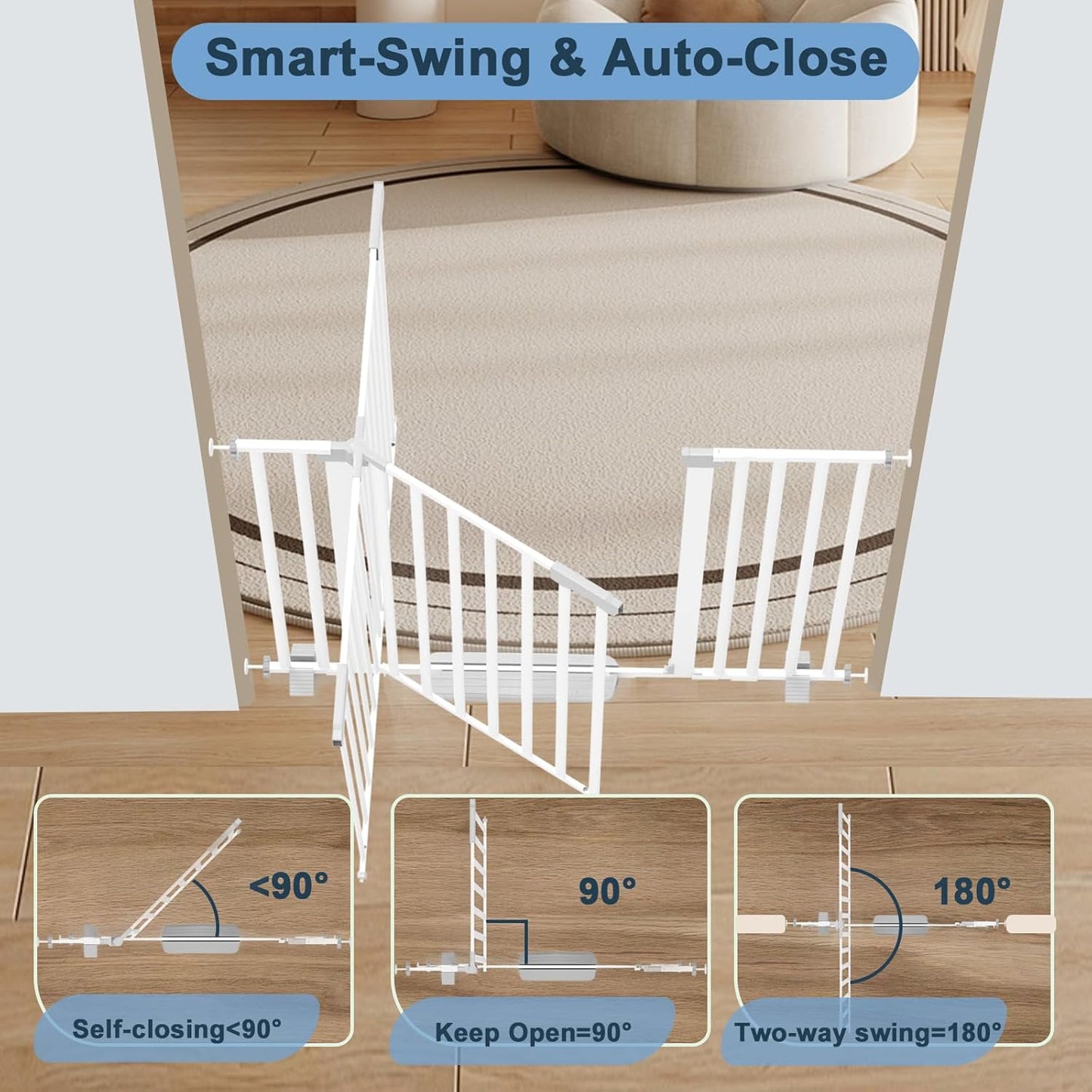 41" Extra Tall Dog Gate Indoor,30-62.5" Wide Heavy Duty Pet Gate for Doorways,Baby Gate with Walk Through and Auto Close, Pressure Mounted, Suitable for Stairs,Kitchen,White