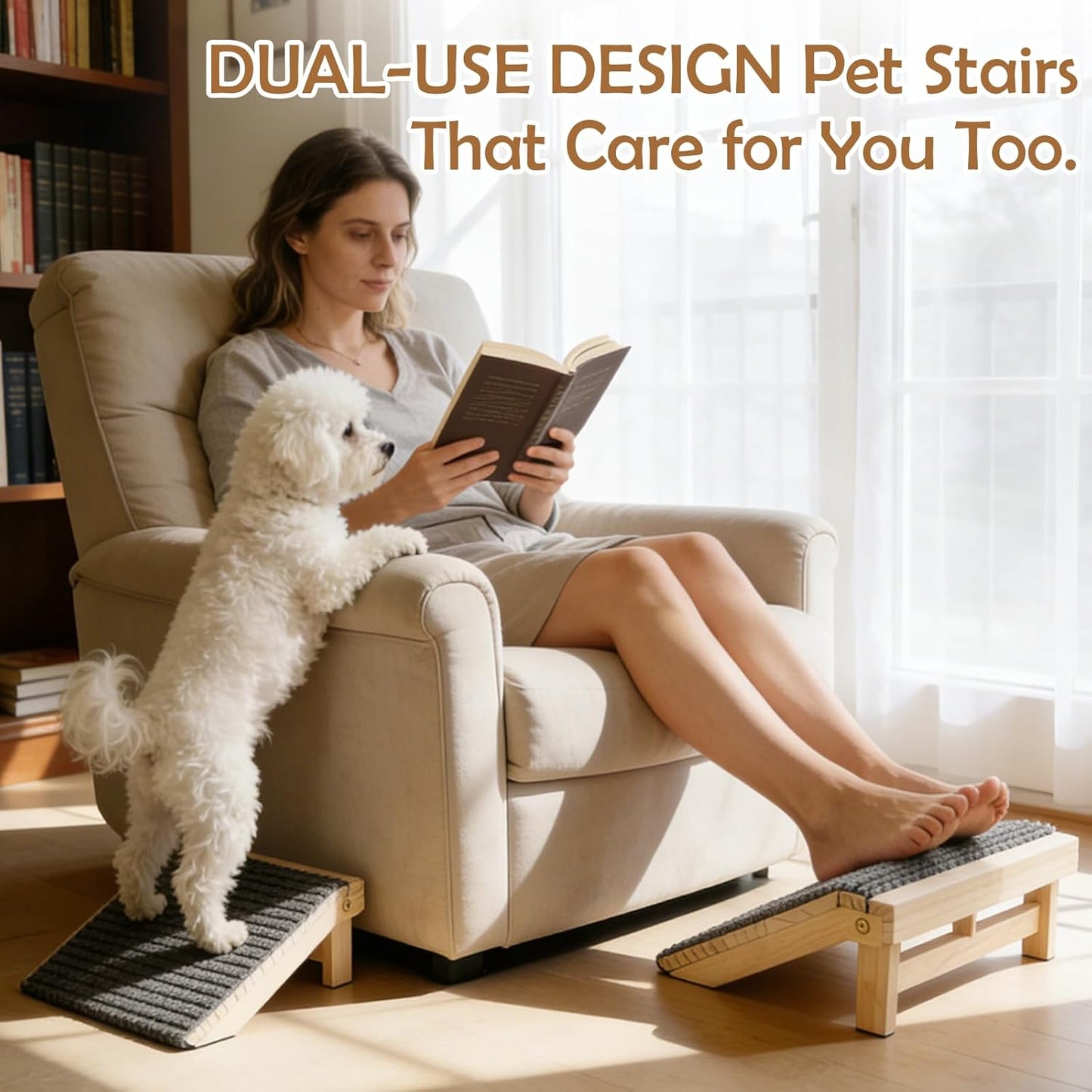 2 Pack Dog Ramp Stairs for Small Dogs – 2-in-1 Solid Wood Pet Ramp & Calf Stretcher, Supports 170lbs, Non-Slip Carpet, Gentle Slope for Senior/Injured/Aging Dogs, Indoor/Gym Use, No Assembly Required