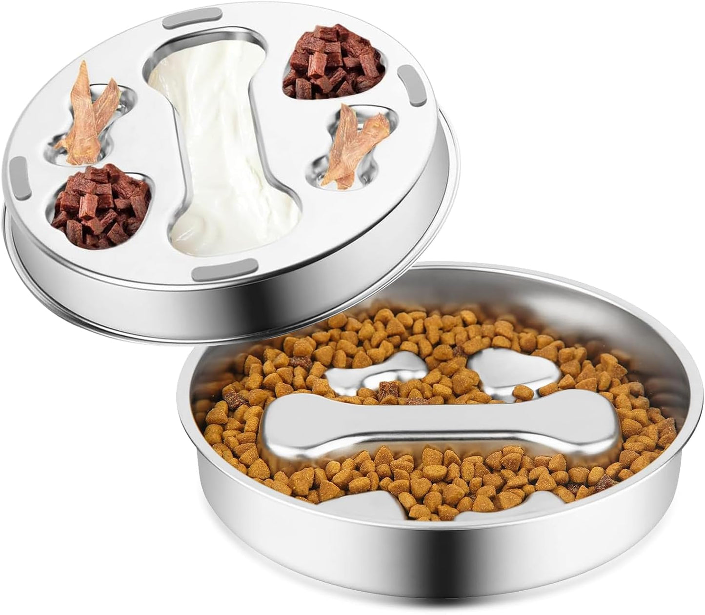 Stainless Steel Slow Feeder Dog Bowls,2 Pcs Slow Food Bowl for Dog & Cat - 2 Cups Capacity,Bone-Shaped Design Pet Food Holder,Metal Non-Slip Lick Plate,Puzzle Maze Dish for Small & Medium Sized Breeds