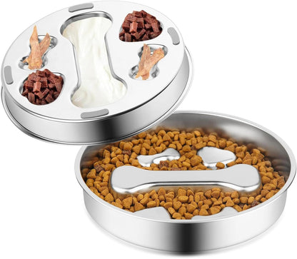 Stainless Steel Slow Feeder Dog Bowls,2 Pcs Slow Food Bowl for Dog & Cat - 2 Cups Capacity,Bone-Shaped Design Pet Food Holder,Metal Non-Slip Lick Plate,Puzzle Maze Dish for Small & Medium Sized Breeds