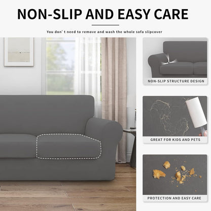 Easy-Going 100% Dual Waterproof 4 Pieces Stretch Soft Couch Cover for Dogs, Sofa Slipcover for 3 Separate Cushion Couch Leakproof Furniture Protector for Kids, Pets Dark Gray
