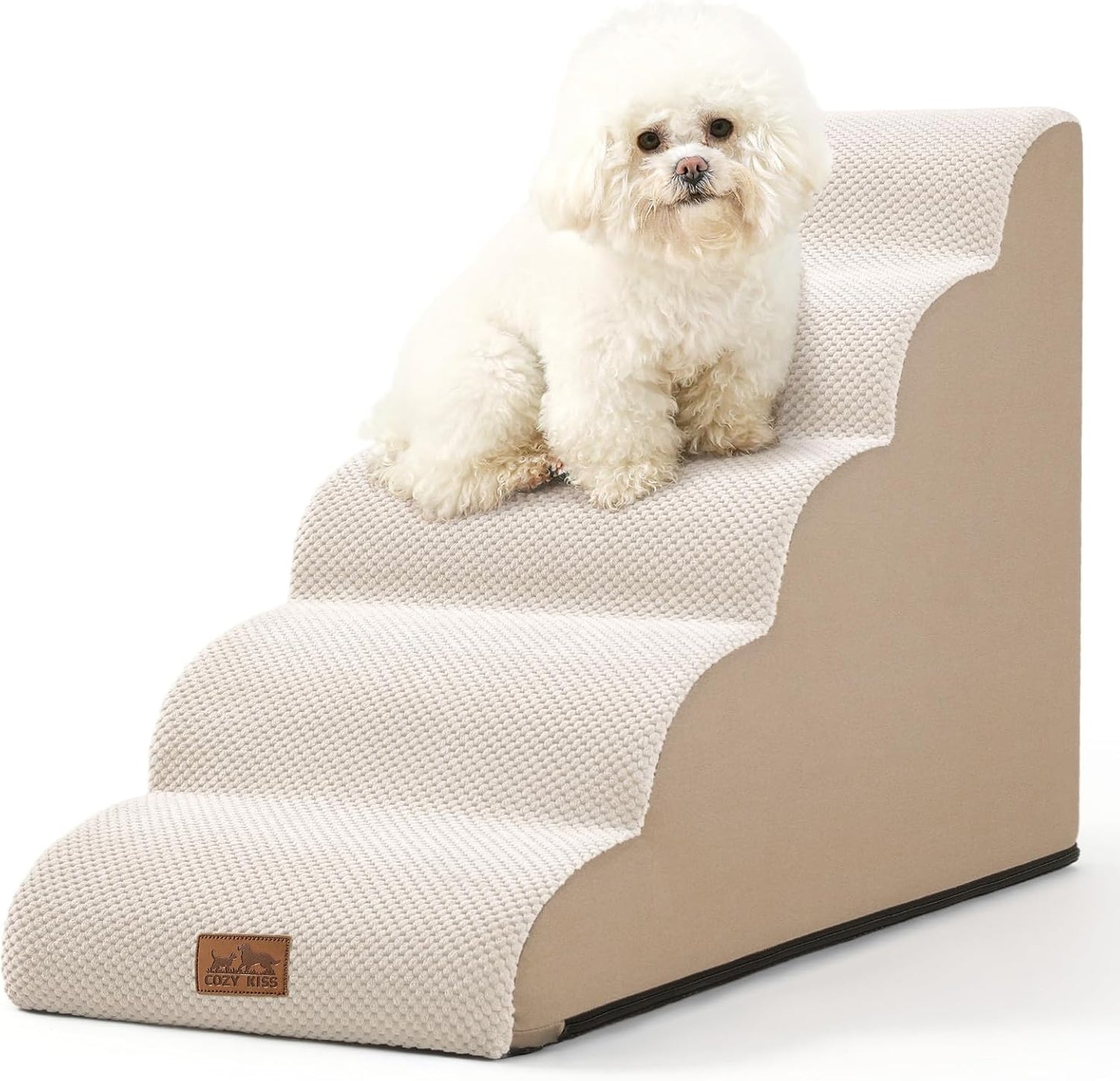 COZY KISS Dog Stairs for Small Dogs 15.7" H, Curved Dog Step for Puppy, Older Cat, Medium Pet Ramp for Sofa, Couch or Chair, Ladder with High Density Foam, 3 Step, 15.7x22.4x15.7 inch, Beige