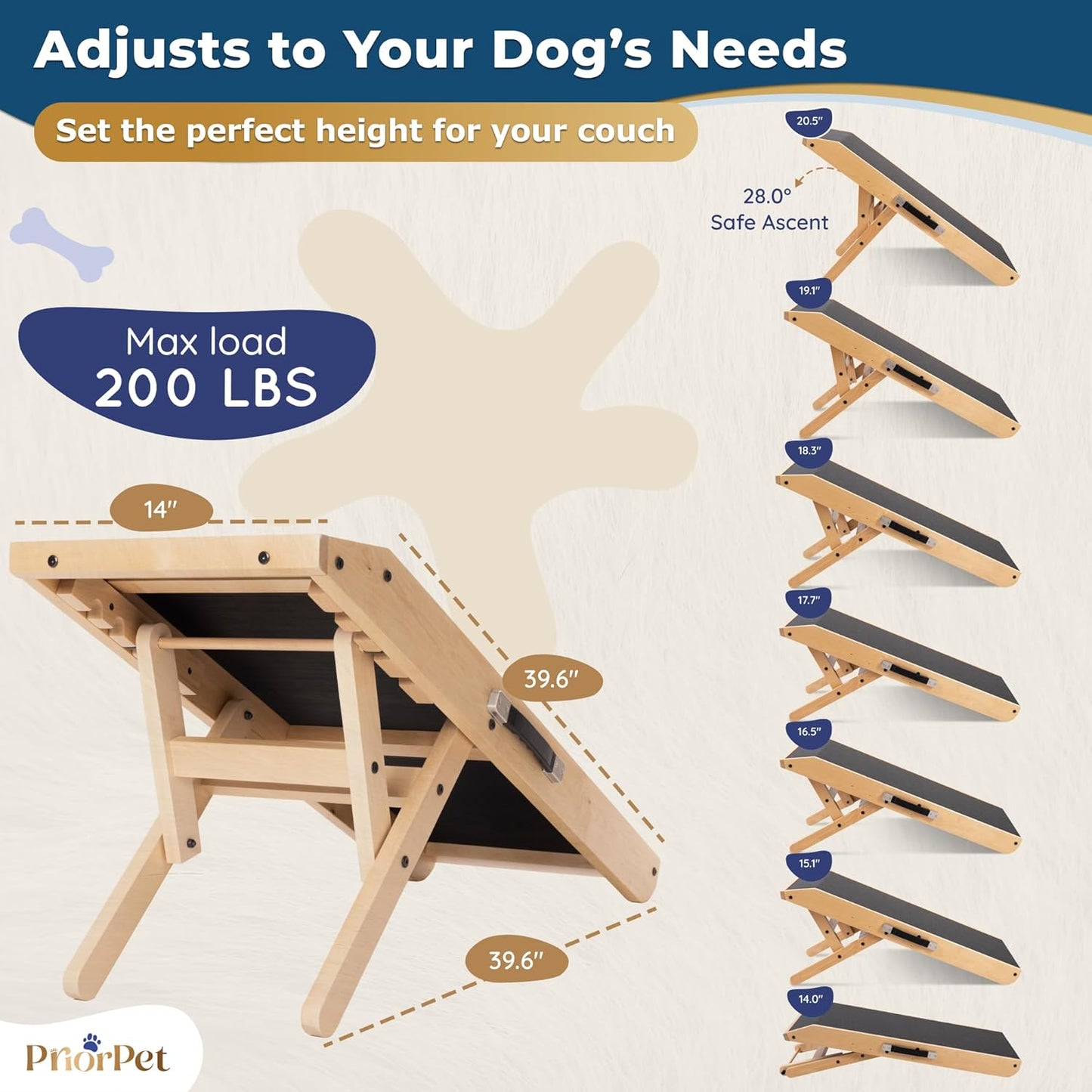 Dog Ramp for Couch – Non-Slip, Sturdy Build Foldable Wooden Dog Ramp – Supports up to 200 lbs – 7 Adjustable Heights (14"–20.5") – Enhanced Stability – Birchwood Pet Ramp for Small Dogs – Gray