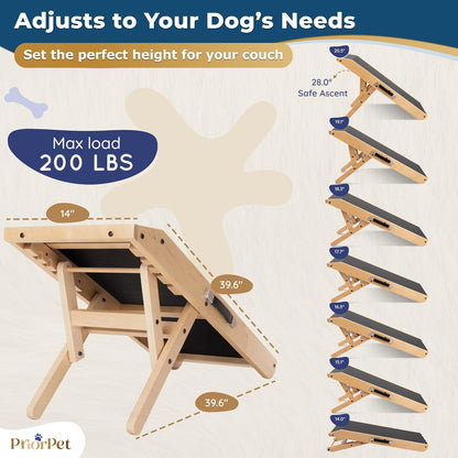 Dog Ramp for Couch – Non-Slip, Sturdy Build Foldable Wooden Dog Ramp – Supports up to 200 lbs – 7 Adjustable Heights (14"–20.5") – Enhanced Stability – Birchwood Pet Ramp for Small Dogs – Gray
