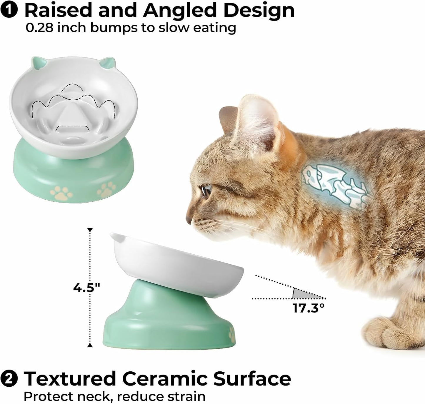 Y YHY Ceramic Cat Slow Feeder, Elevated Dog Food Bowl Tilted Design, Slow Feeder Bowl no Black Chin, Cat Shape for Dry and Wet Food