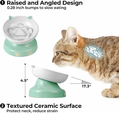 Y YHY Ceramic Cat Slow Feeder, Elevated Dog Food Bowl Tilted Design, Slow Feeder Bowl no Black Chin, Cat Shape for Dry and Wet Food
