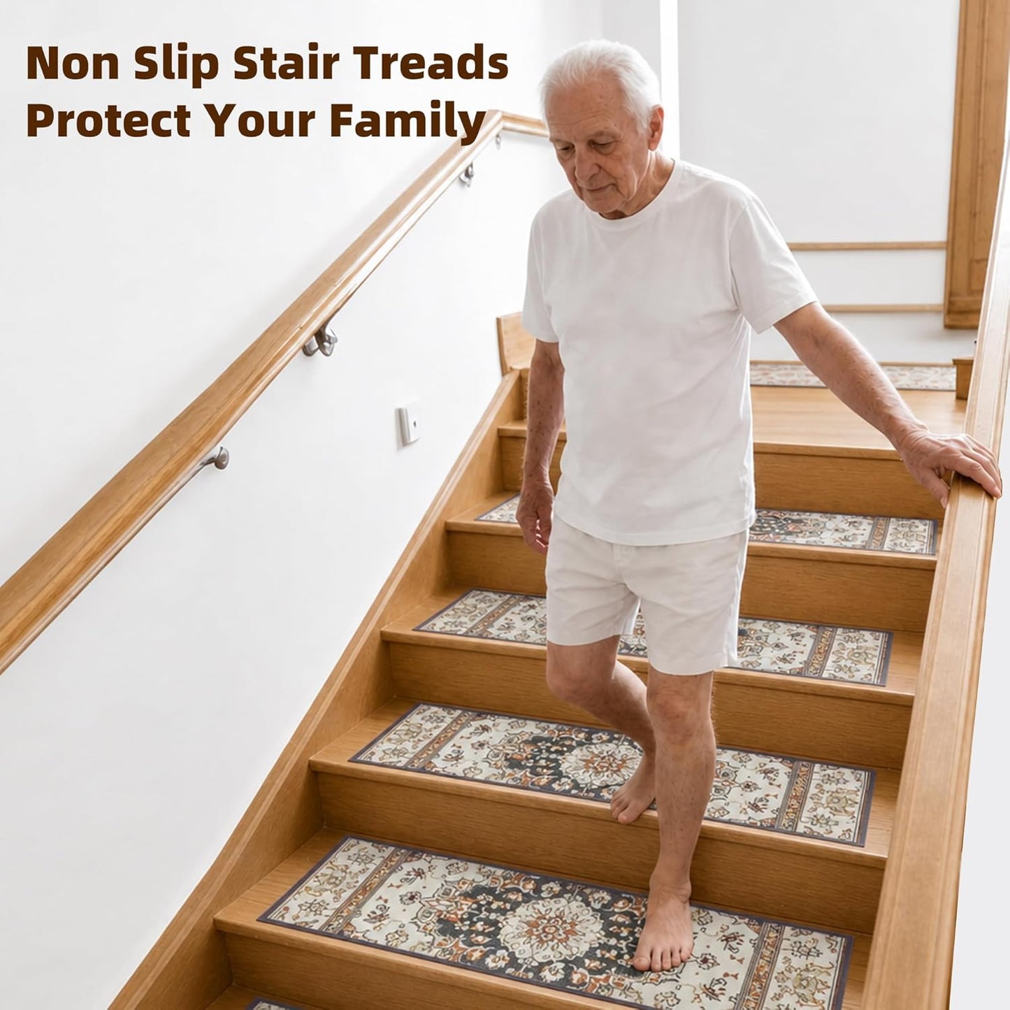 9" x 30" Extra Wide Stair Treads for Wooden Steps (15 Pack) - Non Slip Indoor Carpet Stair Runners for Dogs & Seniors - Ergonomic Anti-Slip Rugs for Hardwood, Peel & Stick, Washable, Brown