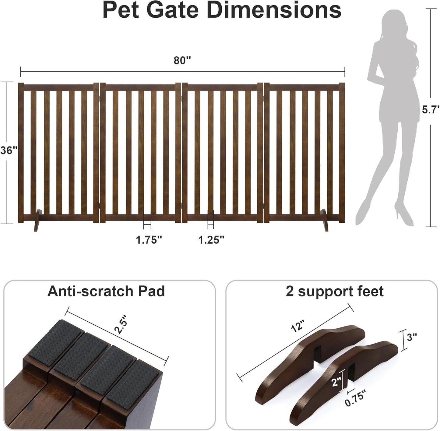 36" Height Extra Tall Freestanding Pet Gate, Solid Wood Folding Safety Fence Wooden Dog Gate with 2 PCs Support Feet Ideal for Stairs, Doorways, Halls, Kitchens, Heavy Duty Gates, 3 Panels, Oak