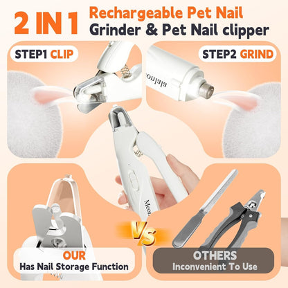 2-in-1 Dog Nail Clippers & Dog Nail Grinder with 2 LED Lights, Ultra-Quiet, USB Rechargeable,Security Upgrade,Multiple Grinding Methods, and Splash Guard for Small and Large Dogs & Cats