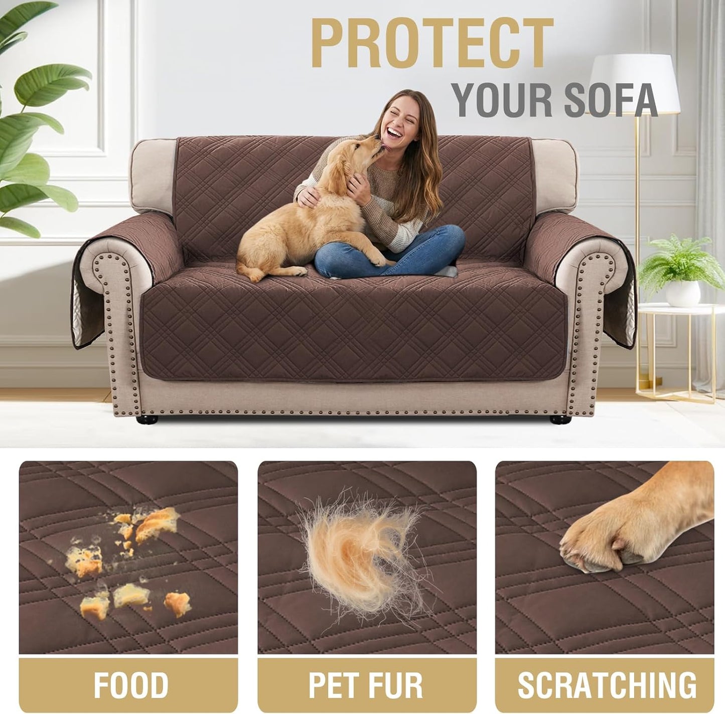 H.VERSAILTEX 100% Waterproof Slipcovers for Couches and Sofas Modern Pet Couch Cover Thick Soft Furniture Protector with Elastic Straps(Sofa, Lily Pad/Beige)
