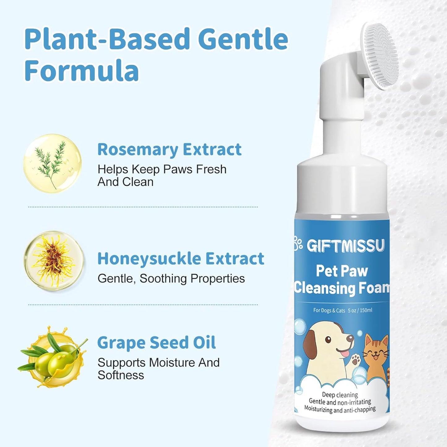 Dog Paw Cleaner Foam for Dogs & Cats, Plant-Based Paw Wash for Dirt and Outdoor Mess, Gentle Pet Paw Cleaner with Soft Brush Head for Easy Dog Foot Cleaning, 5 fl oz