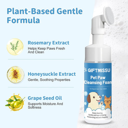 Dog Paw Cleaner Foam for Dogs & Cats, Plant-Based Paw Wash for Dirt and Outdoor Mess, Gentle Pet Paw Cleaner with Soft Brush Head for Easy Dog Foot Cleaning, 5 fl oz