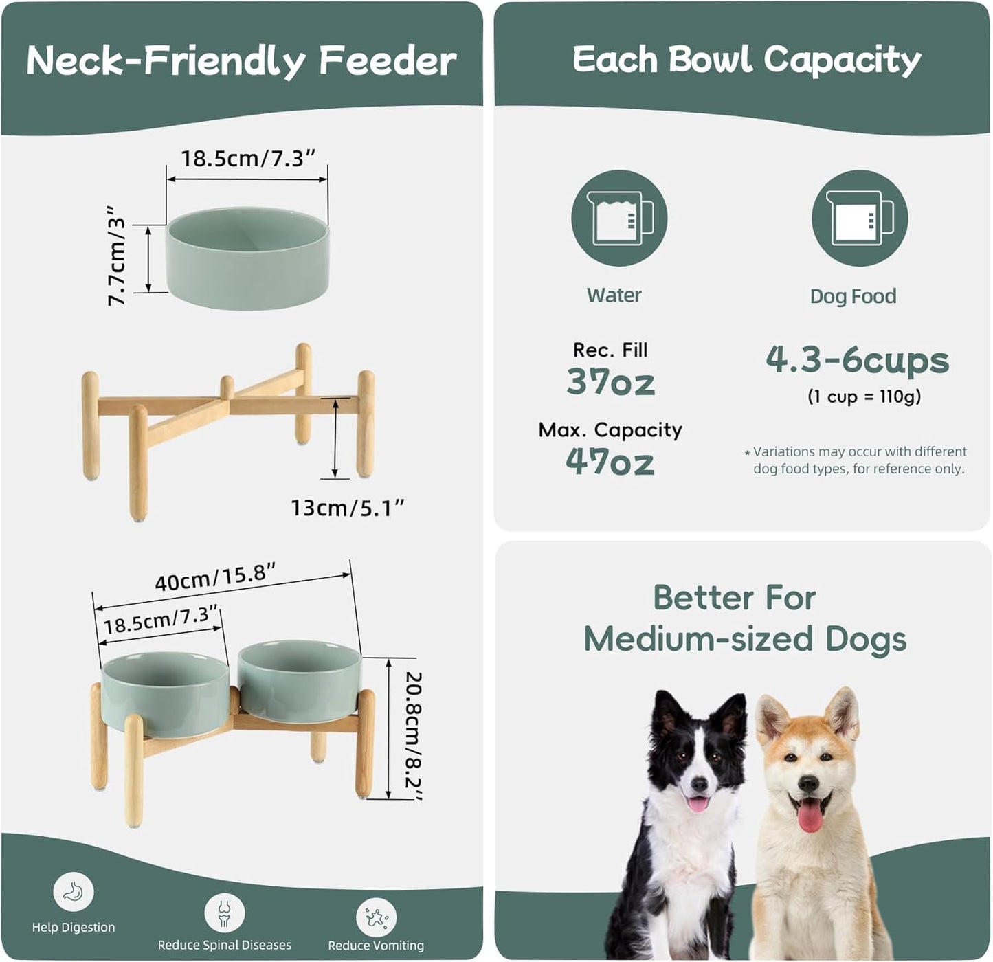 Havniva 8.3inch Ceramic Raised Dog Bowl with Stand, Elevated Dog Bowls for Large Breed Dog Food and Water Bowl Non-Slip Dog Dish Large Capacity Feeding Pet Water Bowl