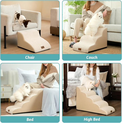 COZY KISS Extra Wide Dog Stairs with Tunnel, Foam Detachable Large Dog Step for Small Pet, Puppy or Cats, Medium Pet Ramp for High Bed, Couch, Sofa or Car, 19.7x33x22.4 inch, 5 Step, Beige