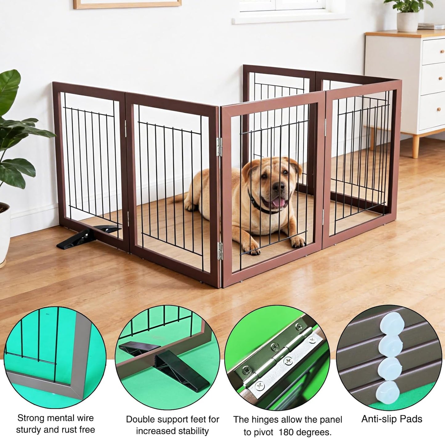 ZJSF Freestanding Dog Gate Indoor, Foldable Dog Fence for Doorways,Hallways or Stairs, Sturdy Wood Extra Wide Pet Gate with Support Feet,Black,24 "Height-3 Panels