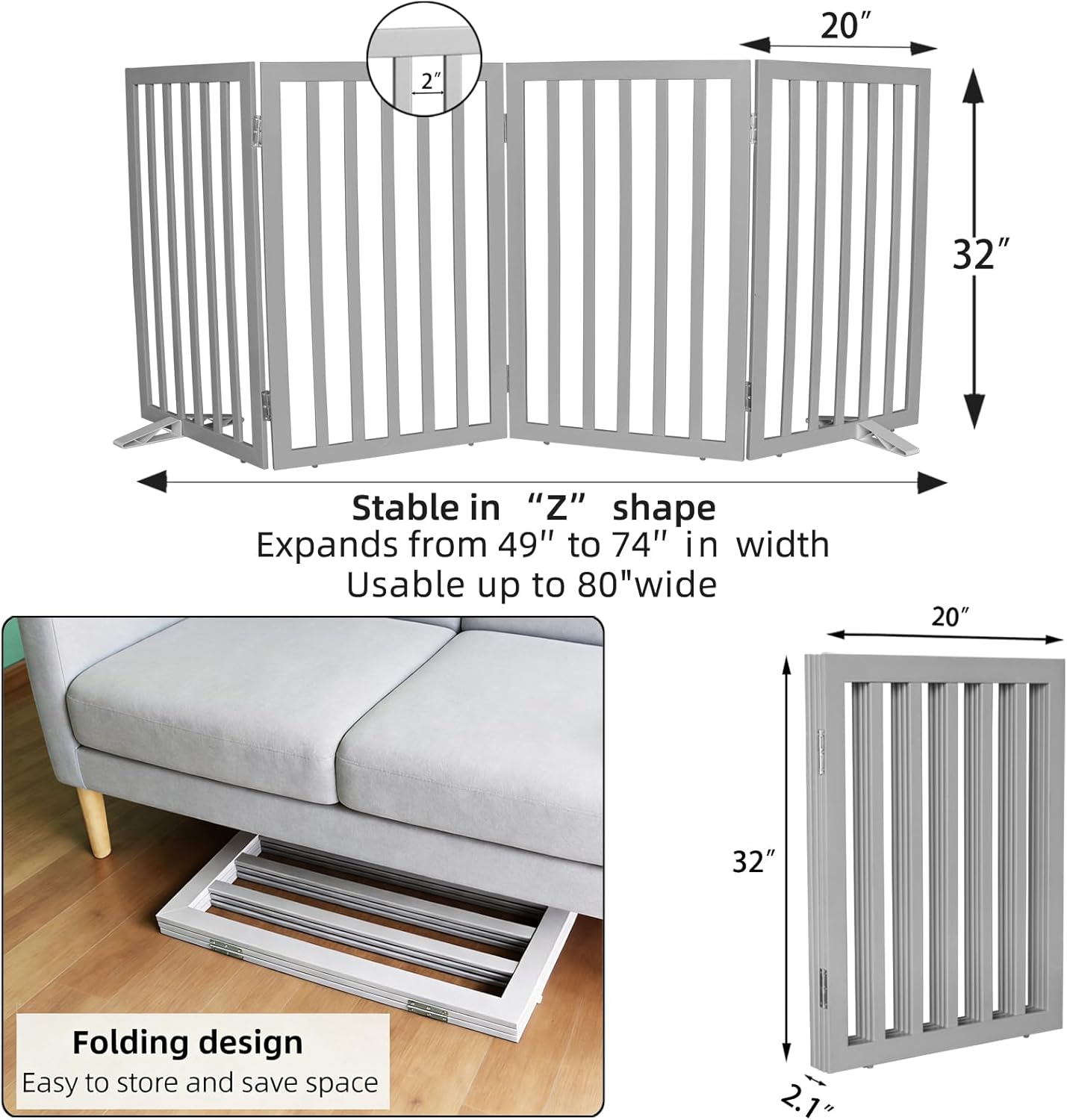 ZJSF Freestanding Indoor Dog Gate for House Foldable Wood Puppy Gate for Doorways Pet Gate for Stairs Extra Wide Pet Fence, Brown, 24" Height 3 Panels