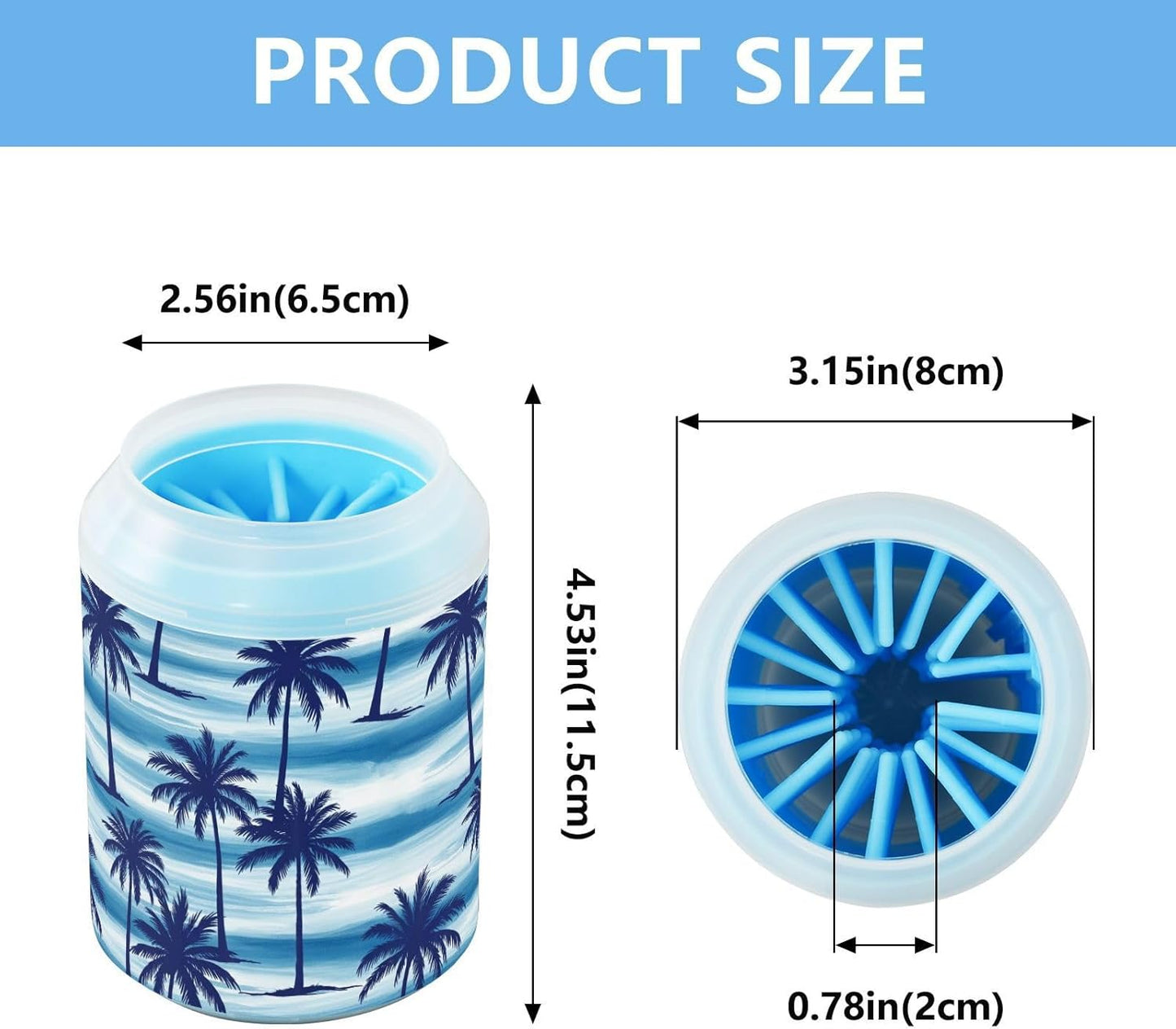 Tropical Palm Ocean Blue Print Dog Paw Cleaner Cup with Soft Silicone Brush, Small Lightweight Portable Muddy Paw Washer for Dogs, Easy to Use Pet Foot Cleaner