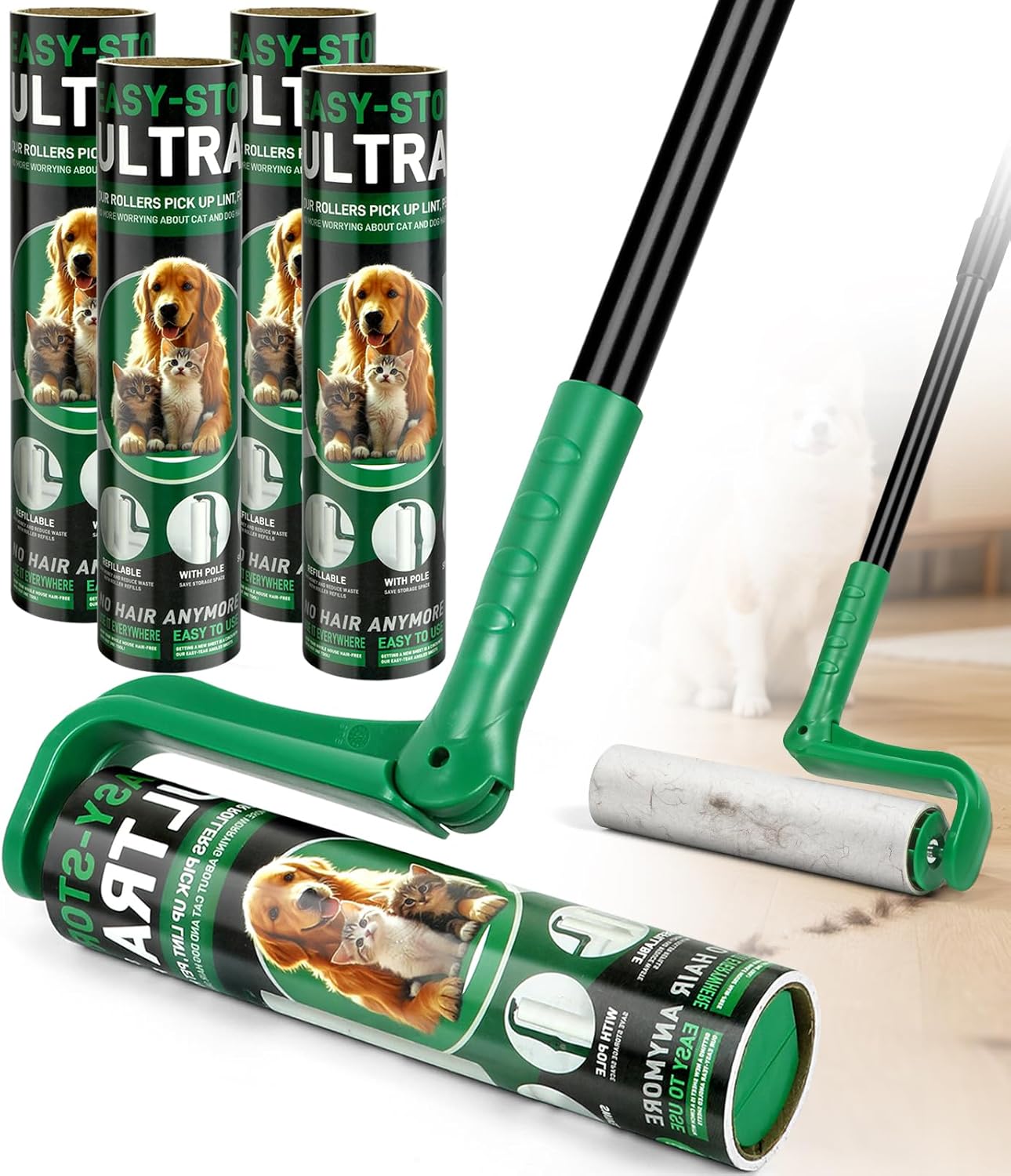 10" Large Lint Roller for Pet Hair Extra Sticky, Long Handle Floor Sticky Rollers with Big Lint Roller Refills for Cleaning Carpets, Cars, Furniture,Clothing, and Pet Hair,Green
