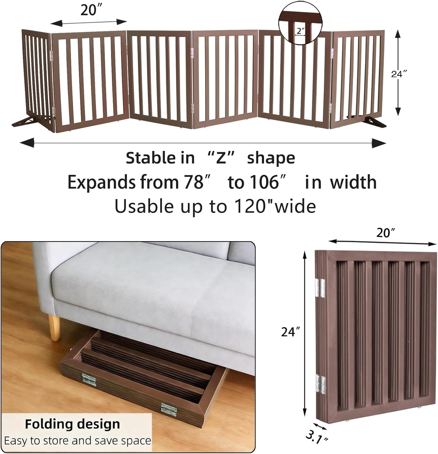 ZJSF Freestanding Indoor Dog Gate for House Foldable Wood Puppy Gate for Doorways Pet Gate for Stairs Extra Wide Pet Fence, Brown, 24" Height 3 Panels