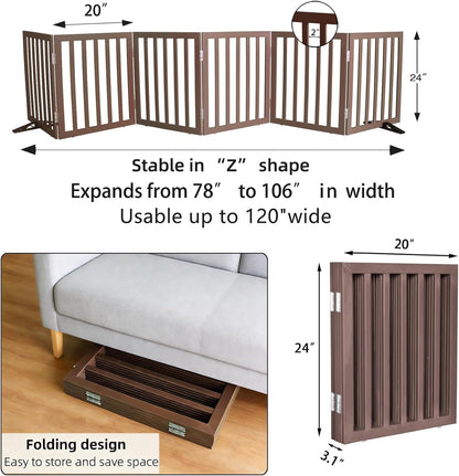 ZJSF Freestanding Indoor Dog Gate for House Foldable Wood Puppy Gate for Doorways Pet Gate for Stairs Extra Wide Pet Fence, Brown, 24" Height 3 Panels