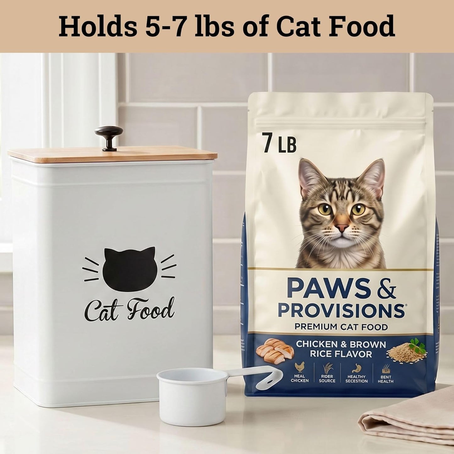 Cat Food Storage Container with Scoop - 5-7 lb (25 Cup) Capacity Metal Cat Food Container with Airtight Bamboo Lid and Metal Scoop - Airtight Pet Food Storage Containers 5 lb - 7 lb Kibble Container