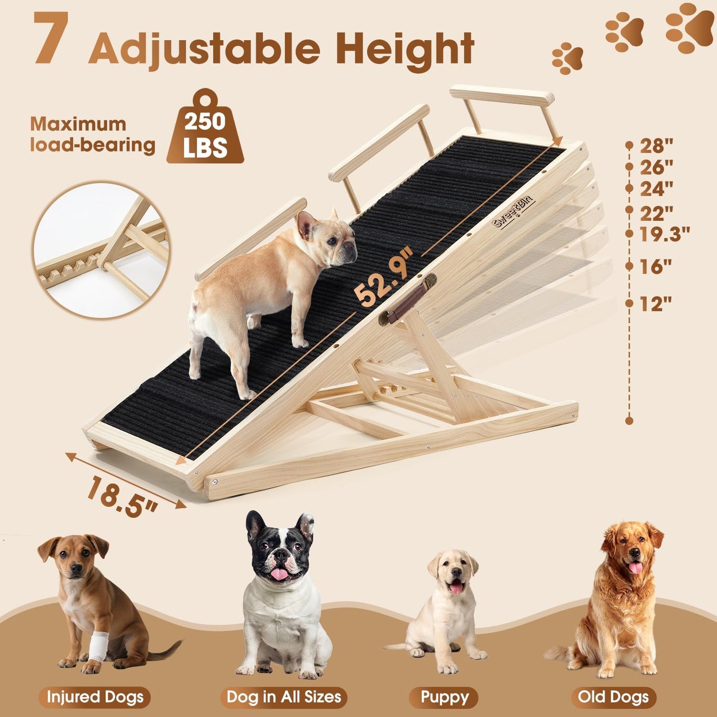 Dog Ramp for Bed - Foldable Small to Large Dog Ramp for Couch - 6 Adjustable Height from 12" to 24" - Stairs with High Traction Mat - Wooden Portable Ramp for Dogs to Get on Bed Couch Car Up to 200LBS