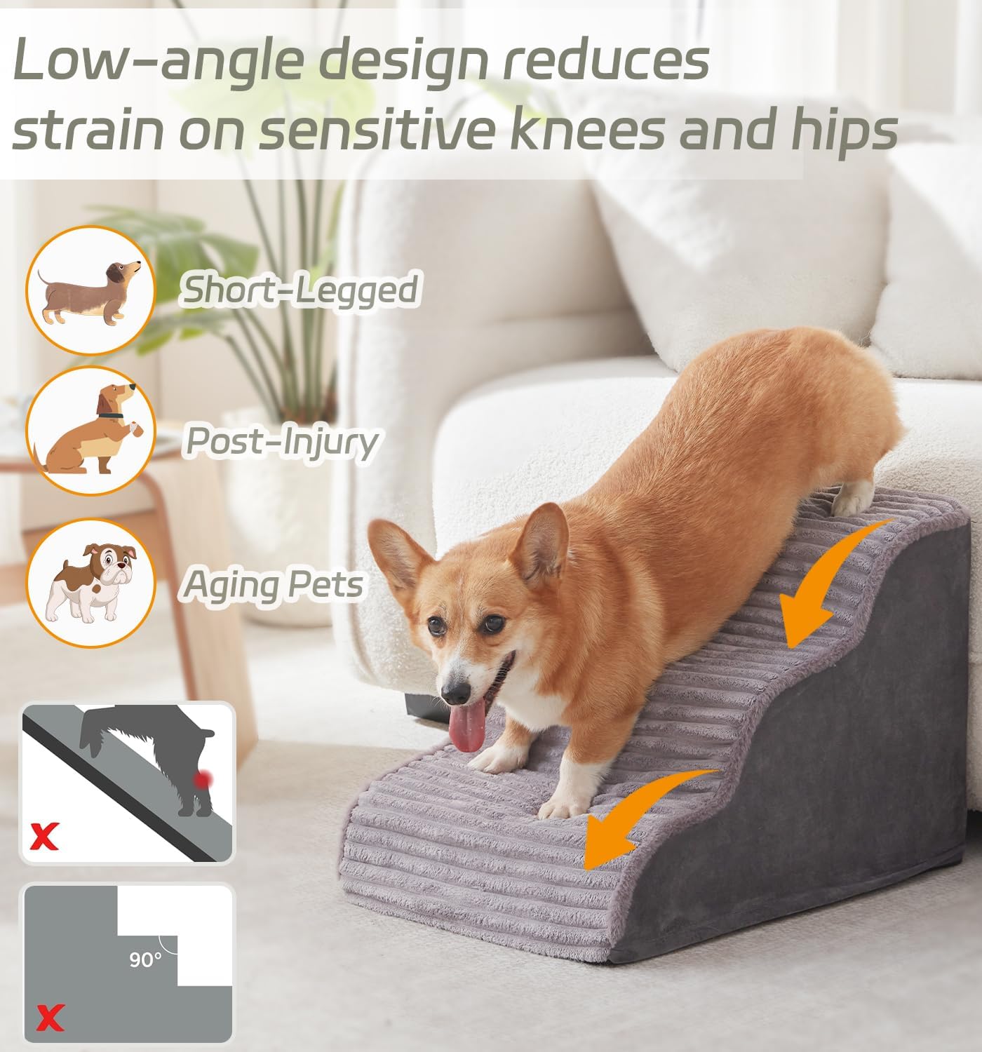 Laojin Balhen Dog Stairs for Small Dogs & Cats 15.7" H, High Density Foam Dog Steps Ramp for Couch Sofa and Chair, Pet Stairs with Non-Slip Bottom and Remove Washable Cover, 3-Step Pet Steps, Beige