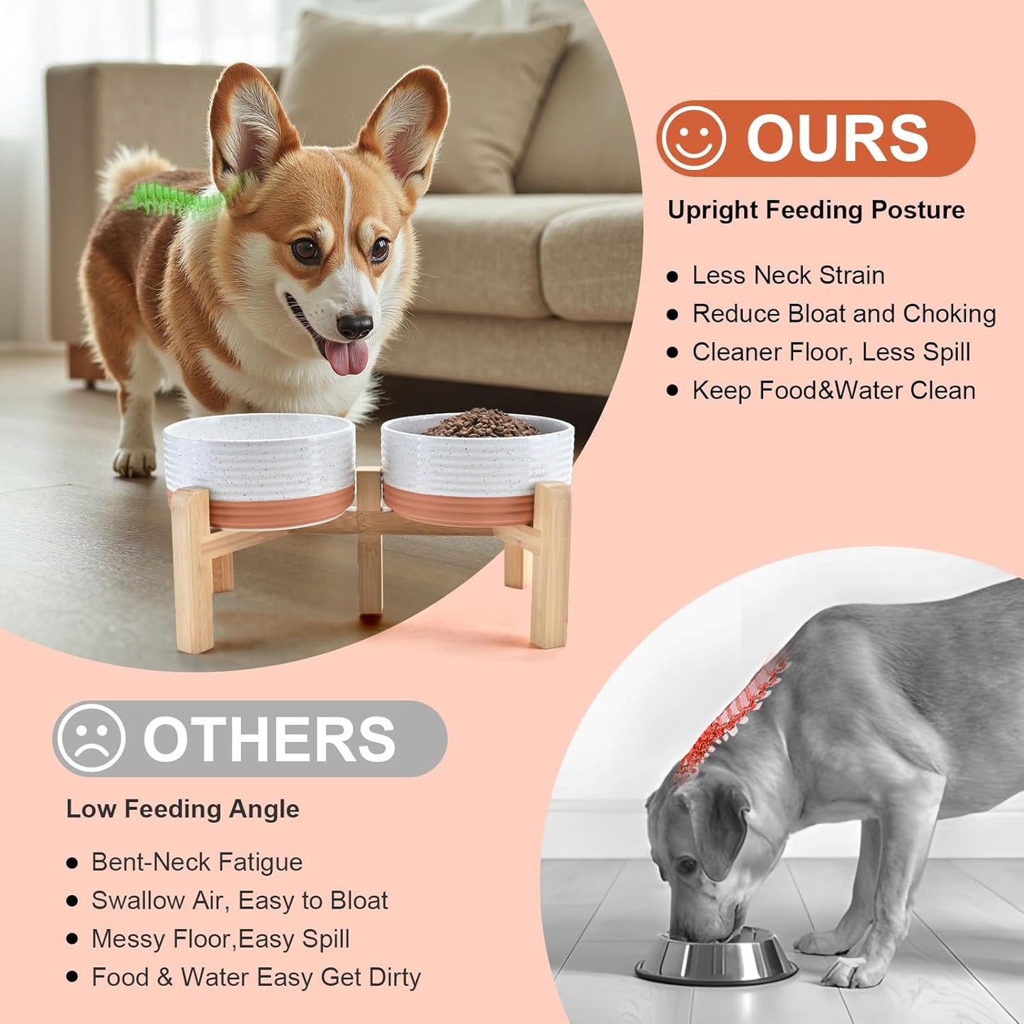 SPUNKYJUNKY Elevated Dog Bowls Ceramic, 6.1'' Dogs and Cat Food Water Bowls Raised with Non-Slip Bamboo Stand for Medium Sized Breed Microwave Dishwasher Safe - 28.7 OZ,Beige