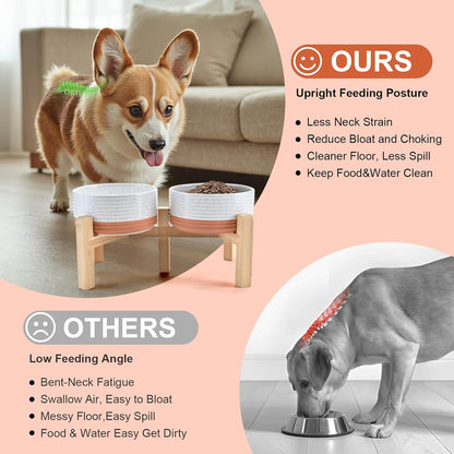 SPUNKYJUNKY Elevated Dog Bowls Ceramic, 6.1'' Dogs and Cat Food Water Bowls Raised with Non-Slip Bamboo Stand for Medium Sized Breed Microwave Dishwasher Safe - 28.7 OZ,Beige