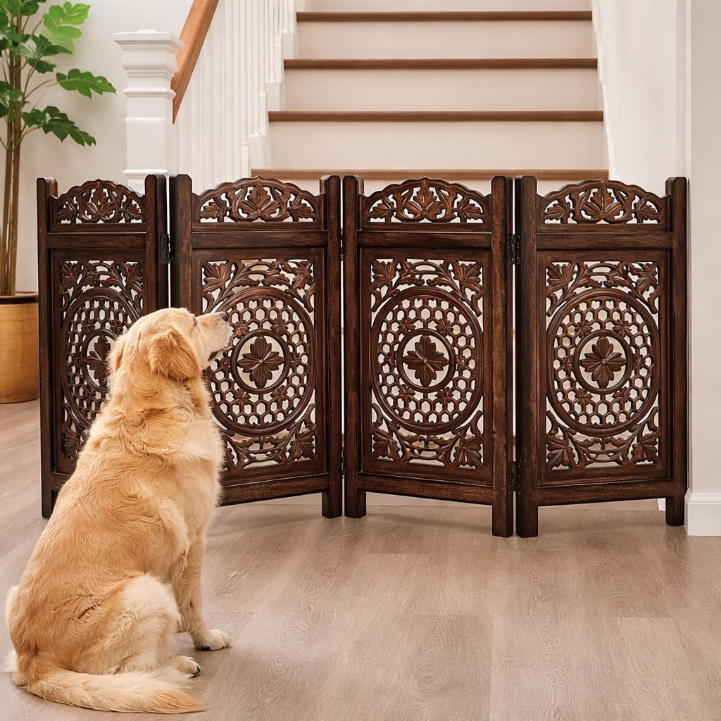 Freestanding Pet Gate for Dogs, Foldable Wooden Dog Gate for House, Indoor Dog Gate for Stair, Doorway, House Design Gates for Dogs Indoor, 72 Inch Wide, (18" x4 Panels 72 inch), Burnt Finish