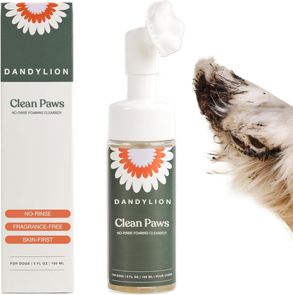 Dandylion Dog Paw Cleaner, Clean Paws, Dog Paw Washer, No Rinse Foam Cleaner for Dogs, Fragrance Free pH Balanced Foaming Washer with Silicone Brush, Pet Cleaning Supplies, 5 fl oz
