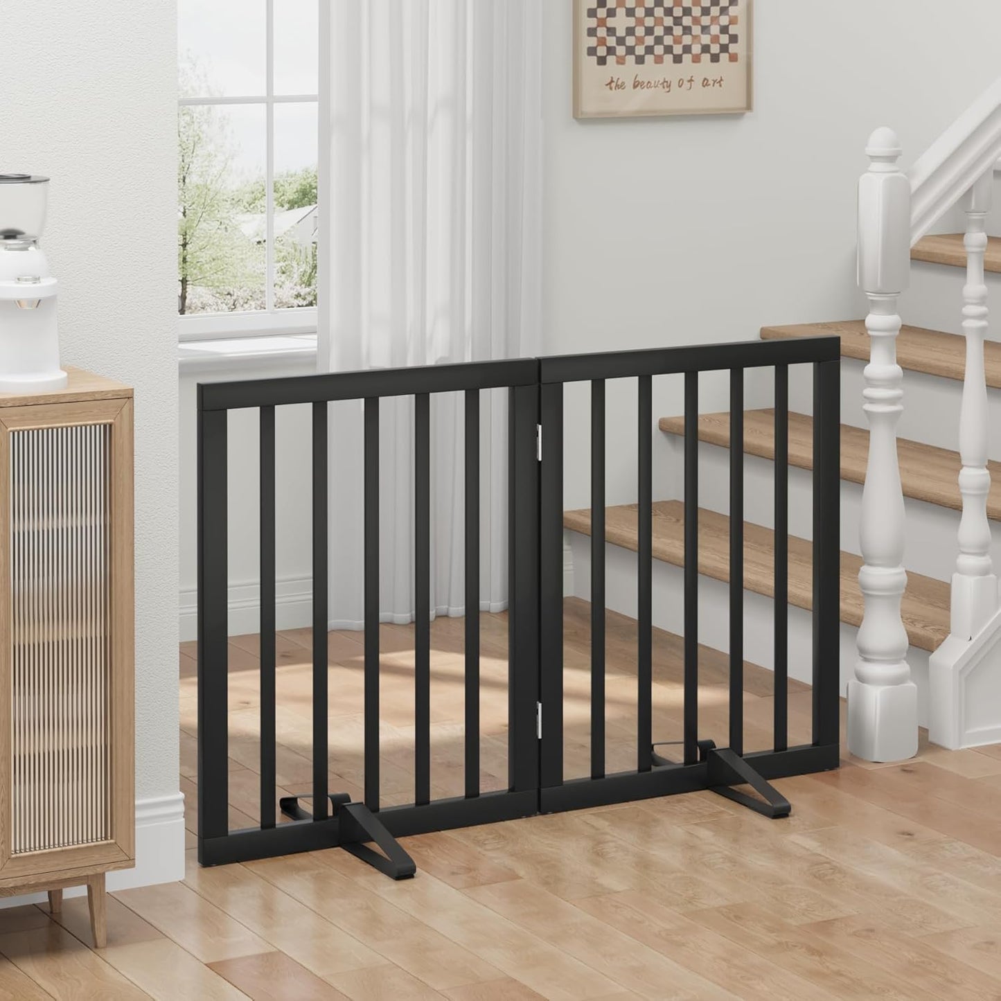 Freestanding Foldable Dog Gate - 4 Panel Room Divider with Metal Support Feet (Black)