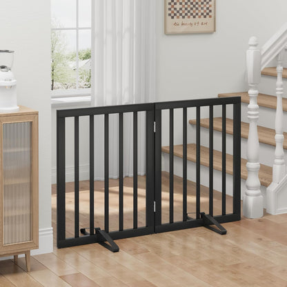 Freestanding Foldable Dog Gate - 4 Panel Room Divider with Metal Support Feet (Black)