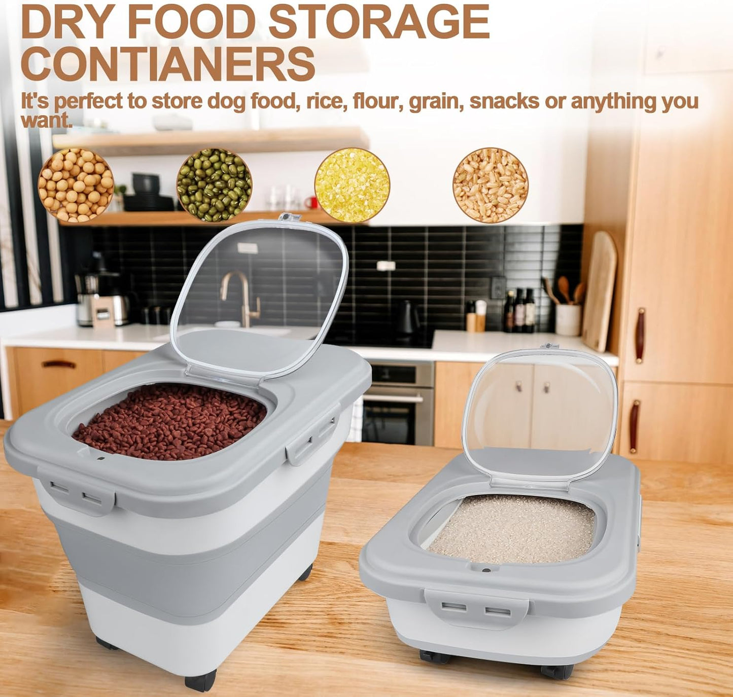 TIOVERY Dog Food Storage Container Small, 10-13lbs Collapsible Dog Cat Food Containers with Airtight Clear Flip-top and Pet Food Scoop, Pet Food Storage Container Bin for Dog Cat Bird Other Pets Grey