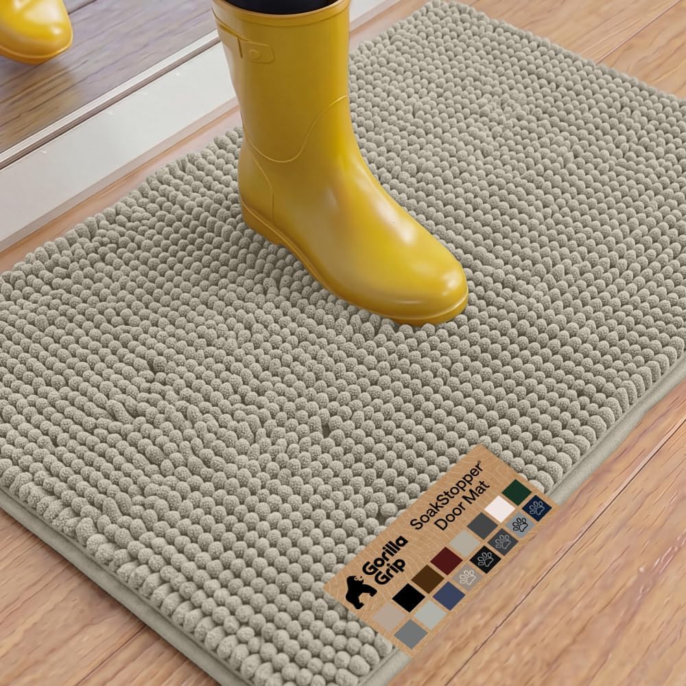 GORILLA GRIP SoakSTOPPER Dog Door Mat, 30x20 Machine Washable Rug Absorbent Doormat Captures Moisture Mud Dirt, Quick Dry Soft Chenille Entryway Rugs Indoor Entrance Mats for Dog Paws, Paw Grey