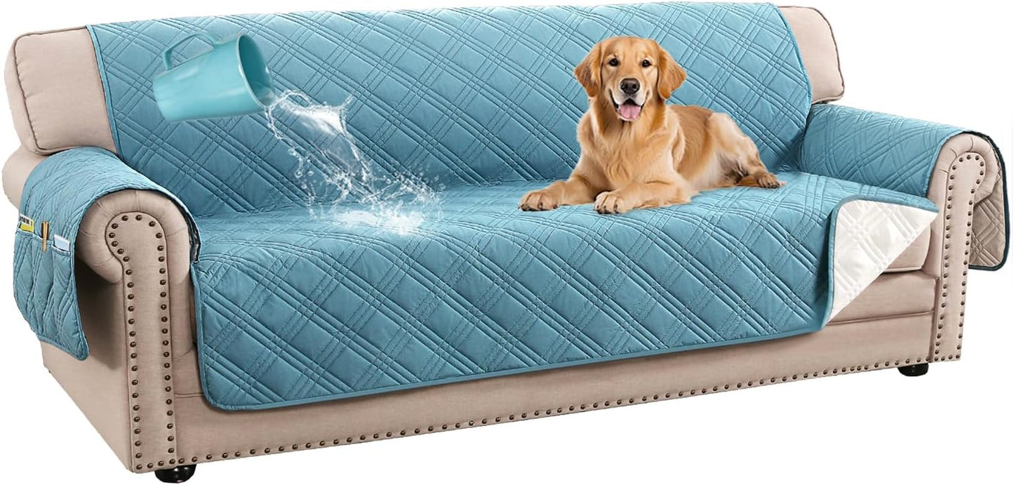 H.VERSAILTEX 100% Waterproof Slipcovers for Couches and Sofas Modern Pet Couch Cover Thick Soft Furniture Protector with Elastic Straps(Sofa, Lily Pad/Beige)