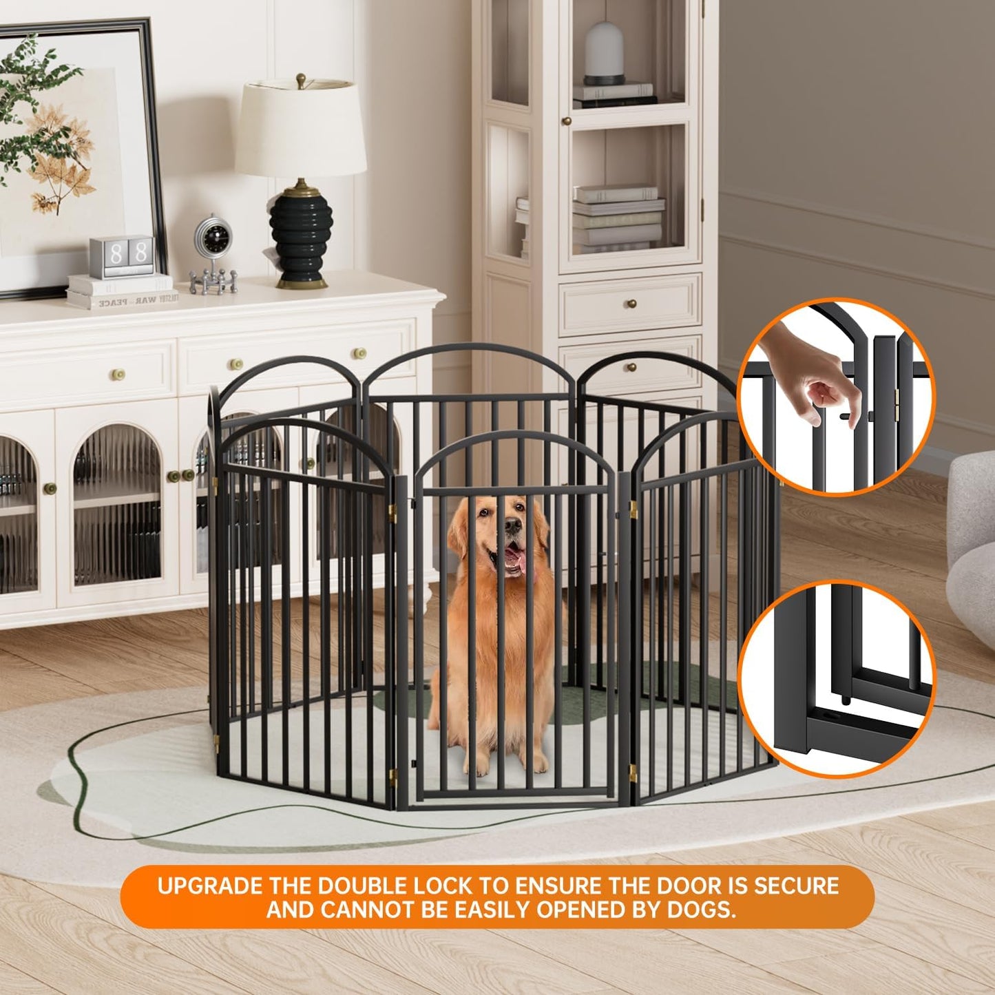 SNUOWU 4 Panels Full Matel Freestanding Dog Gates with Door, 96"Extra Wide 32"Tall Free Standing Dog Pet Gate for Indoor & Outdoor. Foldable Pet Fences for Doorways, House, Stairs, Porch, Deck, Yard