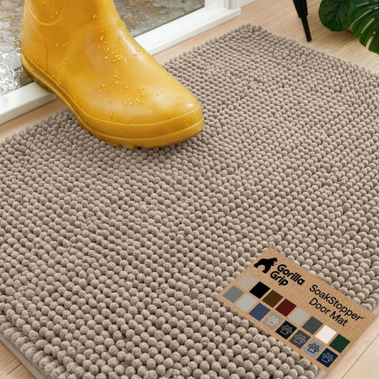 GORILLA GRIP SoakSTOPPER Dog Door Mat, 30x20 Machine Washable Rug Absorbent Doormat Captures Moisture Mud Dirt, Quick Dry Soft Chenille Entryway Rugs Indoor Entrance Mats for Dog Paws, Paw Grey