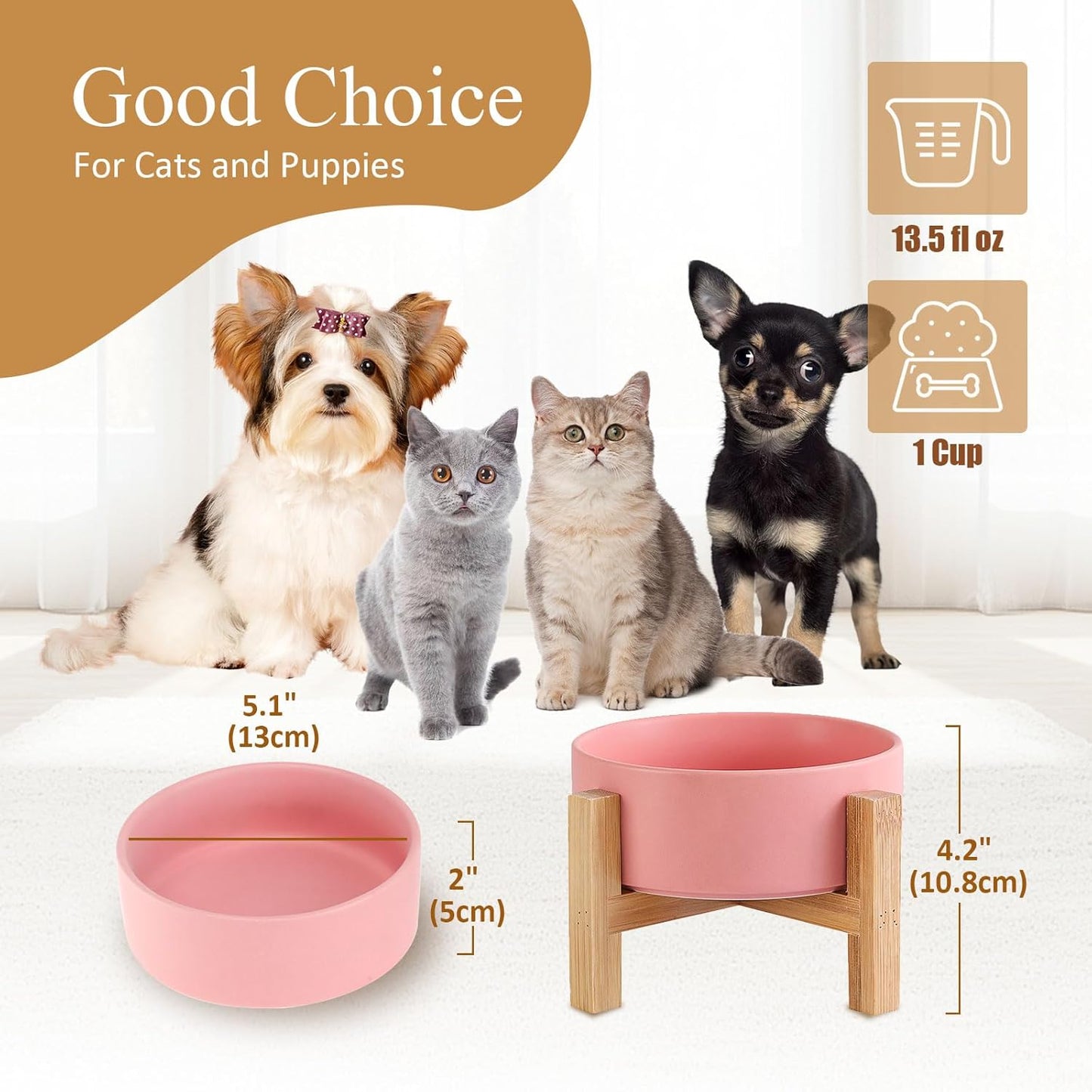 Elevated Ceramic Cat Bowl - Cat Food Bowl with Bamboo Stand - Raised Dog Dish for Puppies - Anti Vomiting, Stress Free - 13.5 oz / 400 ml - White