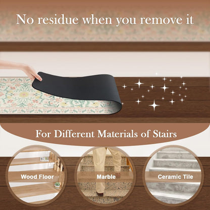 OJIA Floral Stair Treads Non-Slip Stair Runner for Wooden Steps Indoor 15PCS 30"x8" Carpet Stair Treads Stair Mats Staircase Step Treads for Kids, Elders and Dogs, Stair Covers, Black